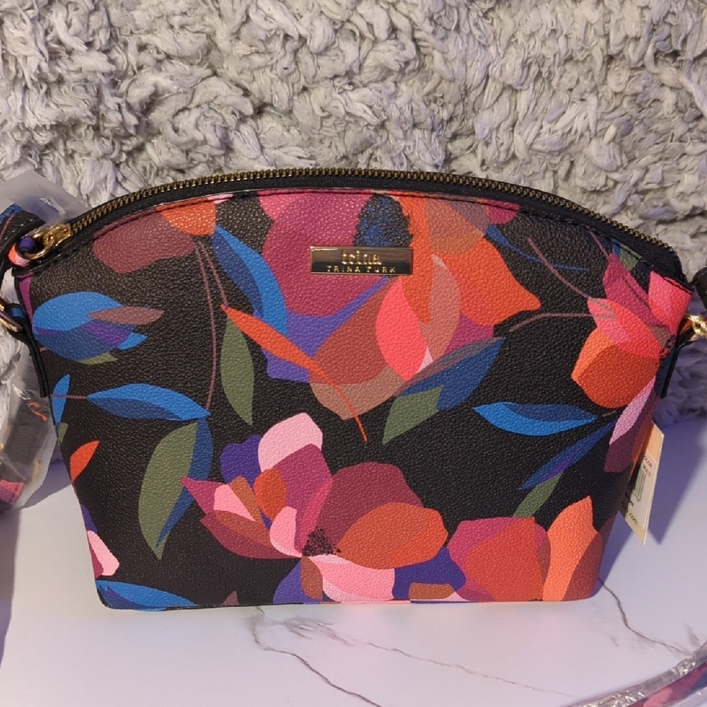 Trina Turk Black and Pink Crossbody Bag with Vibrant Floral Design